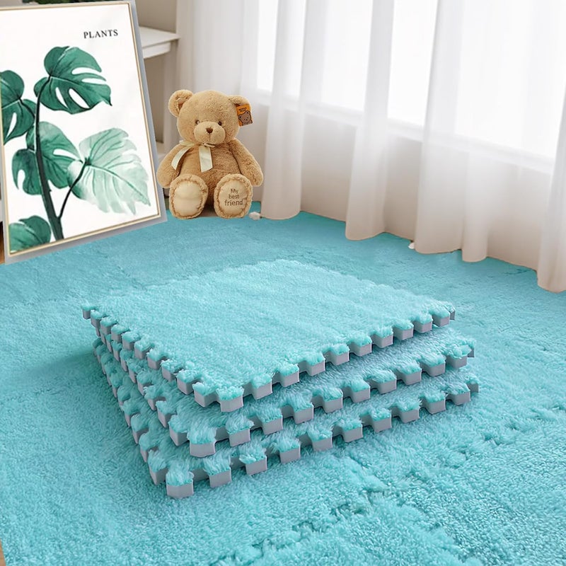 JADERLU 16pcs 0.6" Thickened Interlocking Tile Mats,Fluffy Shaggy Soft EVA Foam Area Rug for Living Room & Bedroom,Non-Slip Protective Floor Carpet Play Mat Kids Baby Dorm Home Decor (11.8ft, Blue) - Image 1